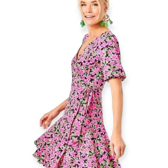 Lilly Pulitzer Kessler Floral Ruffle Wrap Dress Onyx Pink Green Size XL NWT - Picture 1 of 10